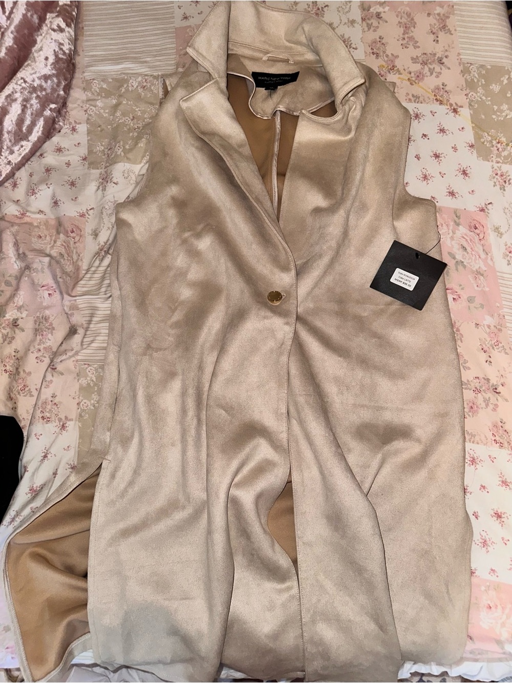 Marc New York Cream Sleeveless Long Vest with Single Button Closure